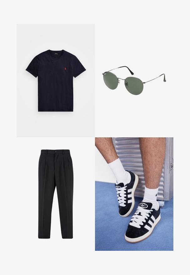 Tums zils kokvilnas T-krekls ar apaļu kaklu, īsām piedurknēm un mazu sarkanu izšūtu logo kreisajā krūtī. Mīksta tekstūra, klasiskā piegriezte.; Melni brīvie bikses ar krokotu priekšpusi, izgatavotas no gludas auduma. Iespējama poga aizdare un jostas cilpas; taisnu kāju forma.; Melni zamšaini sporta apavi ar baltiem šņorēm un trim baltām svītrām. Iekļauj arī apaļu melnu logotipu uz mēles un gumijas zoli.; Metāla rāmji saulesbrillēm ar ovālām zaļām lēcām. Tievs sudraba metal rāmji un melni ausu spilventiņi. Minimalistiska dizaina, bez redzamām apzīmējumiem.