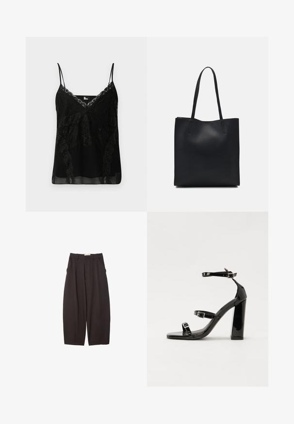 Czarny top na ramiączkach z koronkowymi detalami przy dekolcie i bokach, wąskie regulowane ramiączka oraz gładkie, lekko przezroczyste ciało.; Czarne spodnie o szerokich nogawkach wykonane z gładkiego materiału, z wysokim stanem, plisami z przodu i bocznymi kieszeniami. Prosty fason bez zdobień.; Czarne lakierowane sandały na obcasie z kwadratowym noskiem, z paskami wokół kostki i srebrnymi klamrami. Posiadają masywny słupek dla stabilności.; Czarna skórzana torba tote o gładkiej fakturze, prostokątnym kształcie i dwóch długich uchwytach. Brak widocznych elementów metalowych i ozdób.