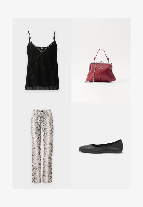 Mustikka toppi, jossa on pitsiyksityiskohtia kaula-aukossa ja sivuilla, kapeat säädettävät olkaimet ja sileä, hieman läpikuultava kangas.; Harmaa ja beige käärmeennahkakuosiset housut. Suora lahjamalli, jossa on tekstuuri ja etutaskut. Varustettu napin sulkemisella.; Musta nahkainen ballerina, jossa on pyöristetty kärki, sileä pinta, minimaalinen ommelkoristelu ja joustava pohjamuotoilu.; Punainen nahkalaukku hopeaketjulla, pyöreä muoto, vekitettu muotoilu ja metallinen solki ylhäällä. Koristeltu logoyksityiskohdalla.