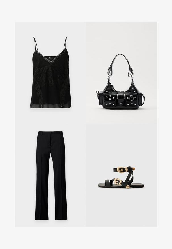 Juoda camisole palaidinė su nėrinių detalėmis kaklo srityje ir šonuose, siaurais reguliuojamais petnešėlėmis ir lygiu, šiek tiek permatomu audiniu.; Juodi tiesūs kelnės iš lygios medžiagos, su lygiu priekiu, dirželių kilpelėmis ir be matomų kišenių ar puošybos elementų.; Juodos odinės šlepetės su auksiniais sagtelėmis, turinčios daugybę dirželių ir plokščią padą, skirtos atviriems pirštams.; Juodas odinis rankinukas su kreiviu dizainu, su sidabro spalvos knopkėmis, užsegimu ir dviem šoninėmis kišenėmis. Reguliuojama dirželis nešimui.