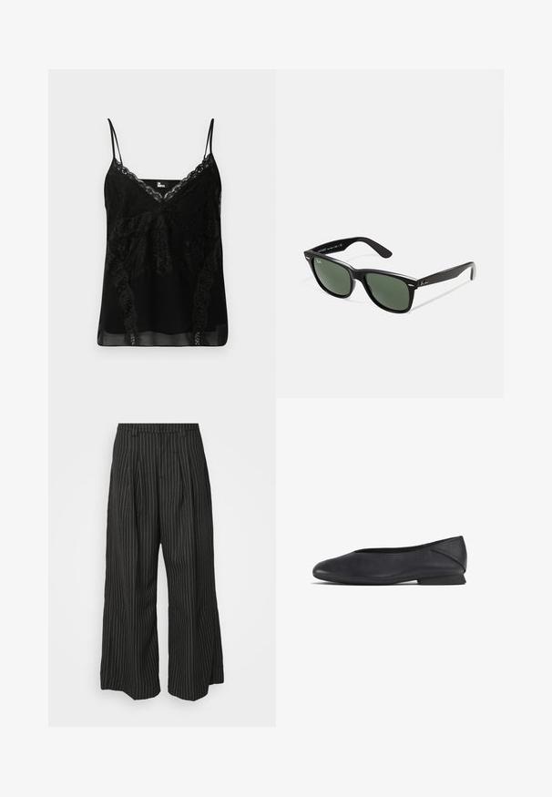 Camisole nera con dettagli in pizzo sul collo e ai lati, spalline sottili e regolabili, e un corpo liscio e leggermente trasparente.; Pantaloni a gamba larga neri a righe con pieghe, caratterizzati da un design sartoriale e una texture morbida. Nessun hardware o decorazione visibile.; Scarpa piatta nera in pelle con punta arrotondata e tacco basso, progettata per un uso casual o formale.; Occhiali da sole in plastica nera con lenti verdi, montatura quadrata, dettaglio argento sulla parte superiore e steli con texture. Marchio indicato sulla parte interna dello stelo.