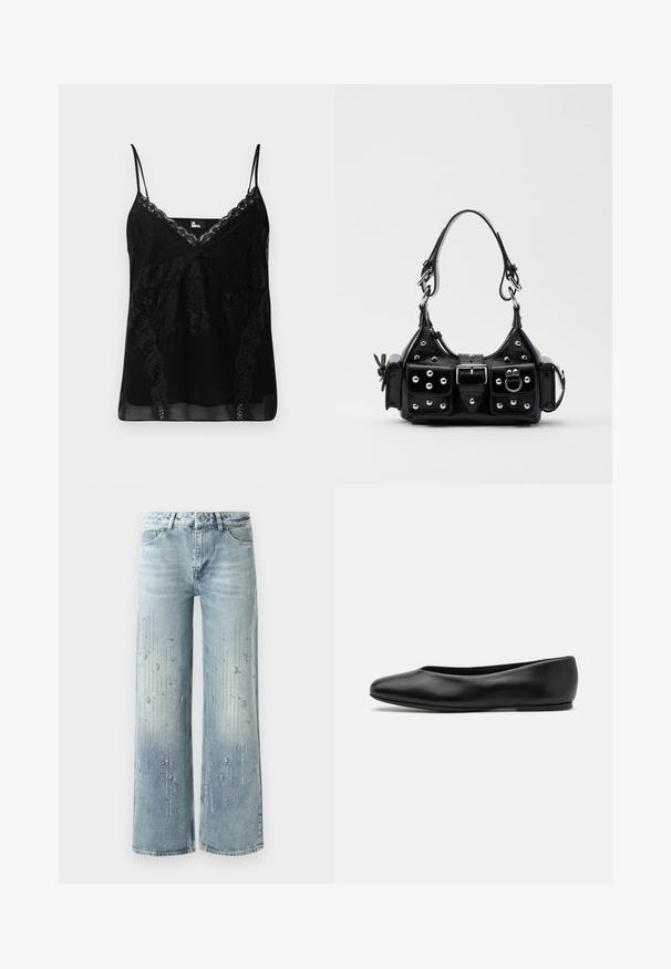 Czarny top na ramiączkach z koronkowymi detalami przy dekolcie i bokach, wąskie regulowane ramiączka oraz gładkie, lekko przezroczyste ciało.; Jasnoniebieskie dżinsy typu wide-leg wykonane z denimu, z gradientowym efektem kolorystycznym i ozdobami z srebrnych cyrkonii w pionowym wzorze.; Paul Smith TOPANGA czarny; Czarna skórzana torebka w zakrzywionym kształcie, z srebrnymi ćwiekami, klamrą i dwoma bocznymi kieszeniami. Regulowany pasek umożliwiający różne opcje noszenia.