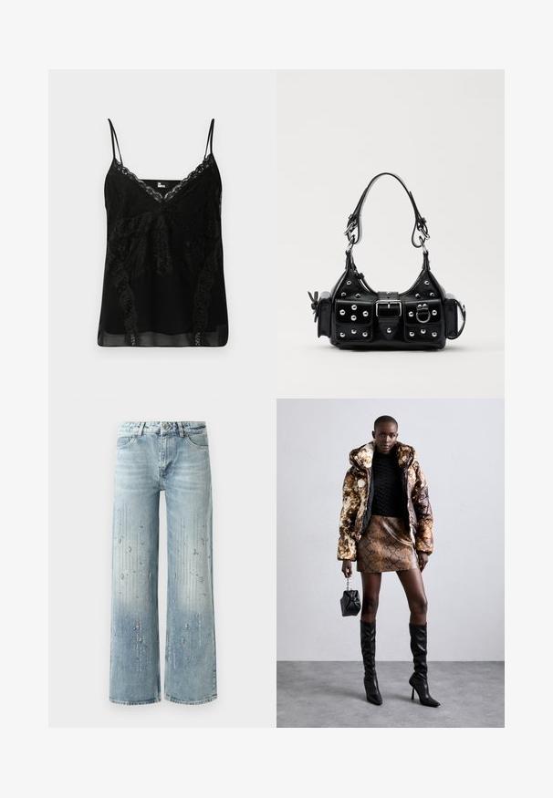 Čierna kápsula s čipkovými detailmi na výstrihu a bokoch, úzkymi nastaviteľnými ramienkami a hladkým, mierne priesvitným telom.; Svetlomodré nohavice s širokými nohavicami vyrobené z denimu, so stupňovitým farebným efektom a ozdobami zo strieborných kryštálikov usporiadaných vo vertikálnom vzore.; Bundička s kapucňou so hnedo-čiernym vzorom, skombinovaná s mini suknou s hadím vzorom v hnedej farbe, čiernymi čižmami po kolená a malou čiernou kabelkou.; Čierna kožená kabelka s zakriveným dizajnom, doplnená striebornými cvočkami, prackou a dvoma bočnými vreckami. Nastaviteľný popruh poskytuje rôzne možnosti nosenia.