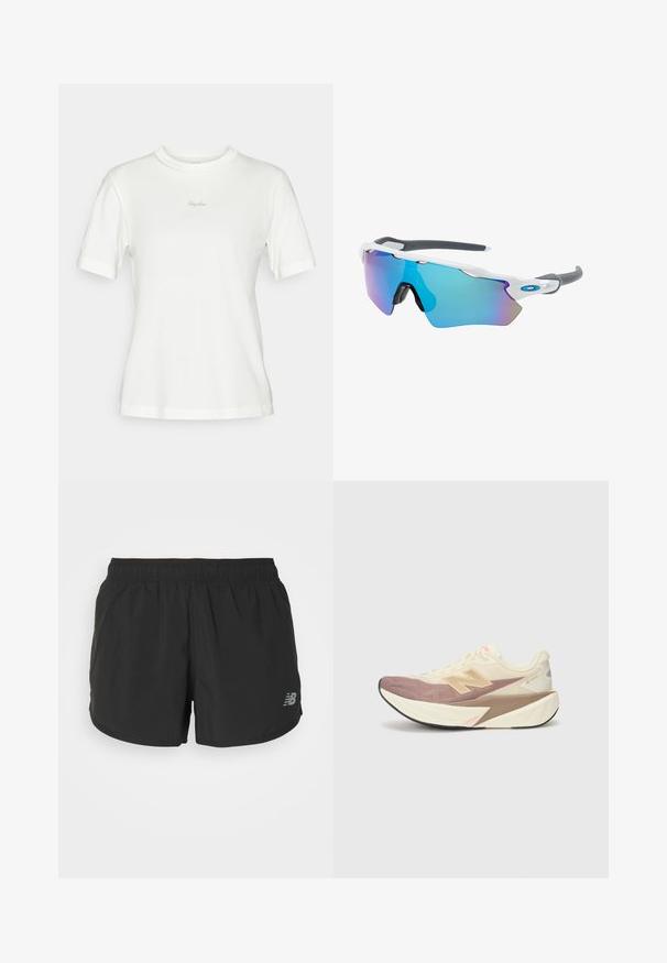 Weißes T-Shirt mit kurzen Ärmeln aus weicher Baumwolle, mit einem runden Halsausschnitt und dezent gesticktem "Rapha"-Logo auf der Brust.; Schwarze Sport shorts mit elastischem Bund, aus leichtem Stoff gefertigt. Verfügt über ein kleines graues Logo auf der unteren rechten Seite.; Laufschuh mit cremefarbener Oberseite, pinken Akzenten und grauen Details. Verfügt über eine dicke Sohle mit strukturierter Oberfläche und auffälligem Logo.; Sonnenbrille mit einem weißen Rahmen, grauen Akzenten und blauen Spiegellinsen. Sportliches Design, umschließende Form und verstellbare Nasenpads.