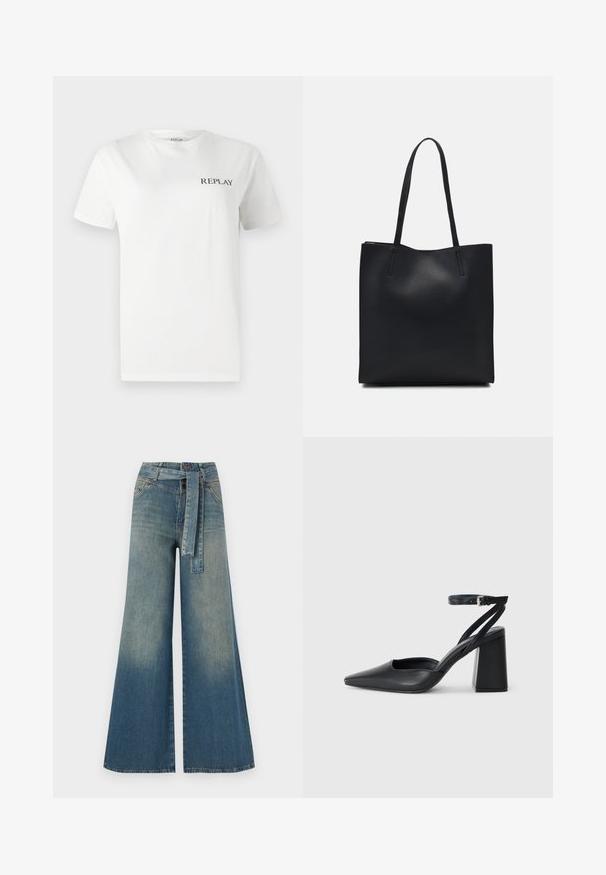 Hvid bomulds T-shirt med korte ærmer, rund hals, med et lille sort "REPLAY" logo på venstre brystområde. Glat tekstur.; Bredbens-denimbukser med en lys til mørk blå gradient, høj talje, bælteløkker og et matchende stofbælte. Tekstureret denimfinish.; Sort læder spidse pumps med ankelrem og en chunky hæl. Flad tekstur, slankt design og minimalistisk æstetik.; Sort læder tote taske med glat tekstur, rektangulær form og to lange hanke. Ingen synlig hardware eller udsmykninger.