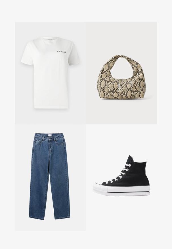 Witte katoenen t-shirt met korte mouwen, ronde hals, met een klein zwart "REPLAY" logo op de linker borst. Glad van textuur.; Klassieke blauwe denim jeans met een rechte pijp, vijf zakken en een knoopsluiting. Heeft een middelgrote wasbeurt en stevige textuur.; Hoge zwarte canvas sneaker met witte oogjes, veters en rubberen zool. Beschikt over een gestructureerde neuskap en zwart-witte streepaccenten.; Slangpatroon handtas met een gebogen handvat. Gemaakt van gestructureerde, beige en bruine materialen, met een kenmerkend ruitpatroon.