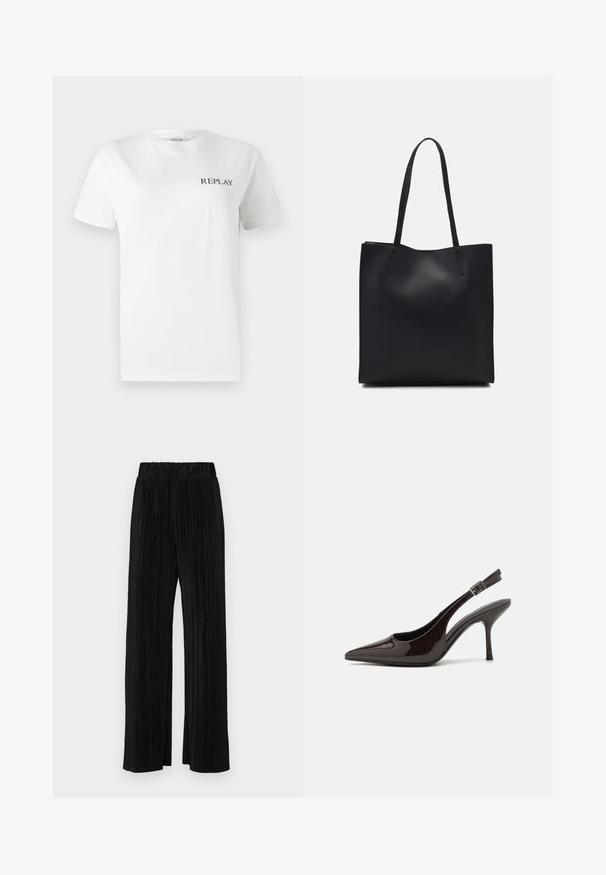 Weißes Baumwoll-T-Shirt mit kurzen Ärmeln und Rundhalsausschnitt, das ein kleines schwarzes "REPLAY"-Logo auf der linken Brustseite aufweist. Glatte Textur.; Schwarze plissierte Hose mit elastischem Bund. Verfügt über weite Hosenbeine und einen glatten, strukturierten Stoff mit vertikalen Streifen.; Slingback-Pumps aus glänzendem dunklen braunen Lackleder, mit spitzer Zehenpartie, offenen Seiten und verstellbarem Knöchelriemen.; Schwarze Laptoptasche aus Leder mit glatter Textur, rechteckiger Form und zwei langen Griffen. Keine sichtbaren Beschläge oder Verzierungen.