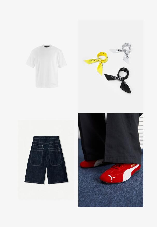White short-sleeve T-shirt made of smooth fabric, featuring a crew neckline and minimalistic design with subtle branding near the hem.; Dark blue denim shorts with a loose fit, featuring two back pockets, contrast stitching, and a straight leg design.; Red suede sneakers with white accents, featuring textured material, round toe, and a gold logo on the side, worn with black pants.; Three bandanas: one yellow with black patterns, one white with black designs, and one black with white graphics. All are square, lightweight fabric.