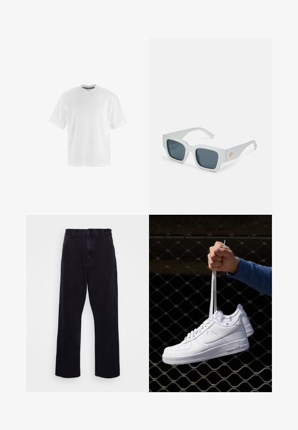 White short-sleeve T-shirt made of smooth fabric, featuring a crew neckline and minimalistic design with subtle branding near the hem.; Black denim trousers with a straight leg design, featuring a button and zip closure, belt loops, and minimal stitching details.; White leather sneakers with perforations, round toe, flat sole, and thick laces, featuring a visible swoosh logo and "AIR" on the heel.; White square sunglasses with dark lenses. Thick frames, smooth texture, and an orange logo detail on the side arm. Angular shape.; Black duffel bag with a smooth fabric, dual zippered compartments, padded handles, and a large white Nike logo on the front.