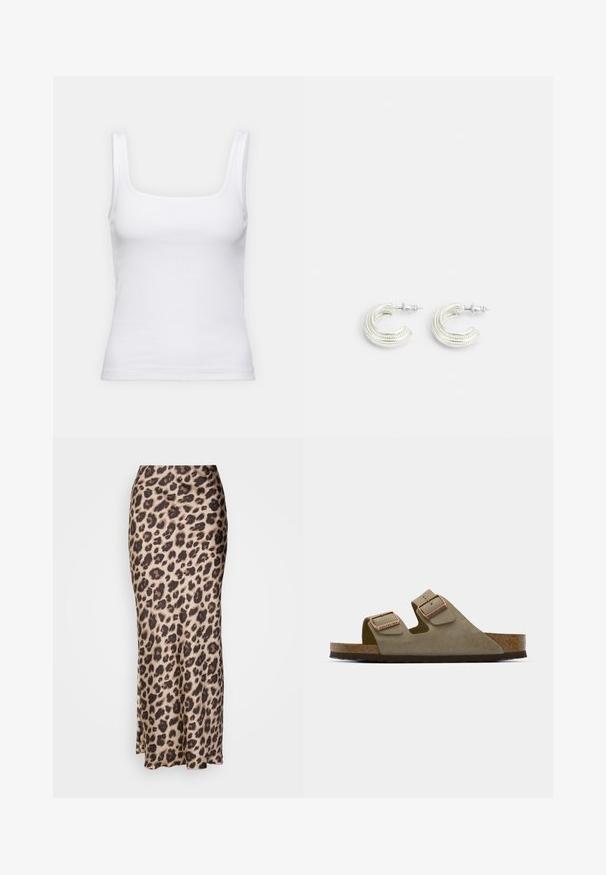 Top alb cu dungi, cu decolteu pătrat și bretele subțiri, realizat dintr-un material elastic din bumbac.; Fustă midi cu imprimeu de leopard dintr-un material satinat neted. Prezintă o siluetă ajustată cu o ușoară fanta la tiv pentru mobilitate. Nuante neutre de bej și maro.; Sandal din suede taupe deschis, cu două curele ajustabile și accesorii din aur rose. Tălpi din plută pe o talpă texturată de culoare brună. Design cu vârf deschis.; Cercei argintii cu un design în formă de cerc răsucit, având o suprafață texturată și detalii canelate, fixați cu un închizător cu tijă.