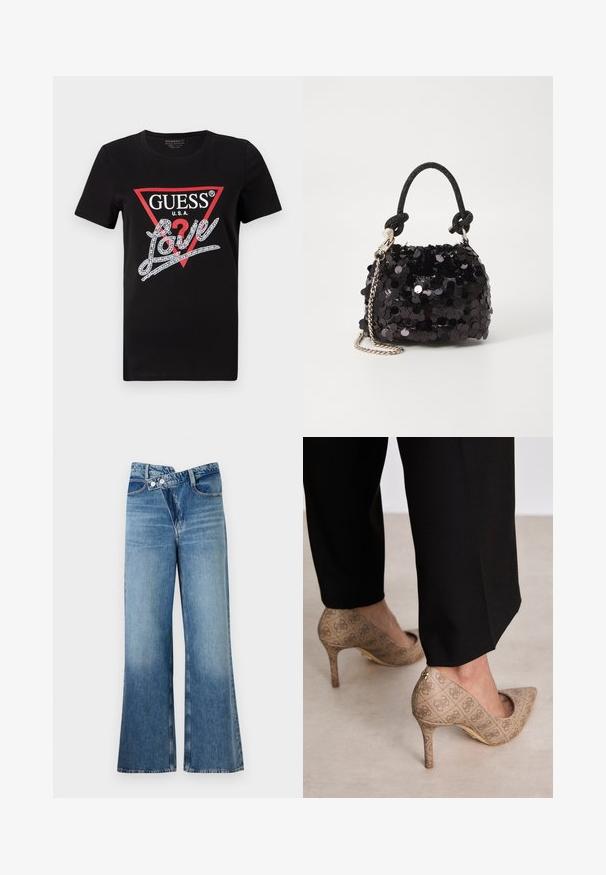 Černé bavlněné tričko s krátkým rukávem s červeným trojúhelníkovým logem "GUESS U.S.A." a bílým nápisem "Love" zdobeným kamínky.; Světle modré riflové zvonové džíny s vysokým pasem, mají dva knoflíky a přední kapsy. Látka má vybledlý povrch s jemnými variacemi.; Béžové lodičky na vysokém podpatku s texturovanou látkou, která má opakující se vzor. Díky špičaté špičce, zadnímu akcentu a zlatému detailu na podpatku.; Černá mini kabelka s flitry, s uzlovým texturovaným popruhem a stříbrným řetízkem. Zaoblený tvar s nařaseným vrchem a reflexními detaily.