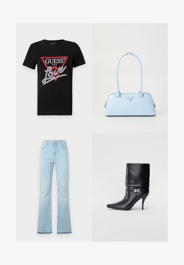T-shirt de algodão preto com um logotipo de triângulo vermelho com "GUESS U.S.A." e um design de texto "Love" com cristais em branco. Mangas curtas.; Jeans flare azul claro feitos de denim, com uma cintura alta, bolsos frontais e uma bainha desgastada nas bainhas para um look casual.; Bota de tornozelo em couro preto com bico fino, alto salto stiletto, punho dobrado e detalhe decorativo em fivela dourada no tornozelo.; Bolsa de mão azul claro com uma forma estruturada, material de couro suave, duas alças e um logótipos triangular na parte da frente. Fecho com zíper.