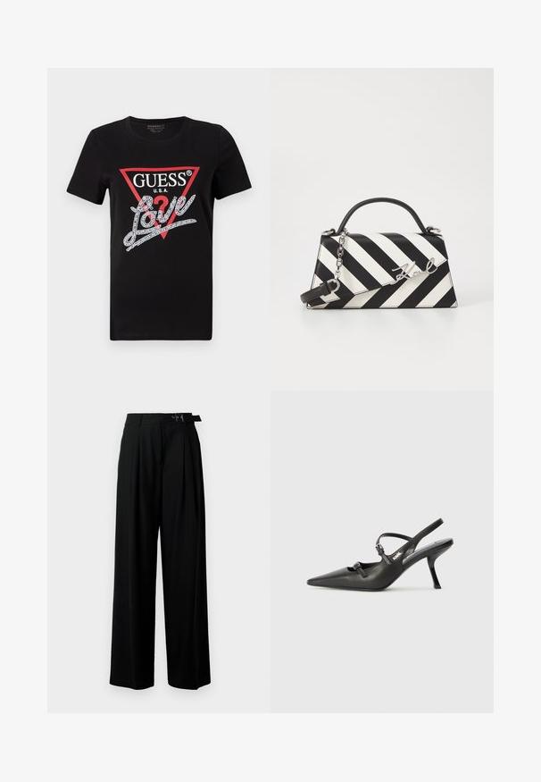 Zwarte katoenen T-shirt met een rood driehoeklogo met "GUESS U.S.A." en een met kristallen versierd "Love" tekstontwerp in het wit. Korte mouwen.; Zwarte wijde broek met hoge taille, plooien aan de voorkant en een riem met een gesp. Gemaakt van glad, lichtgewicht stof.; Zwarte leren slingback hakken met een spitse neus, slanke hak en decoratieve gespdetails op de bovenkant. Gladde textuur en een strakke uitstraling.; Zwart-wit gestreepte handtas met een gestructureerde vorm, voorzien van een bovenhandvat, een afneembare kettingriem en een metalen logo-accent.