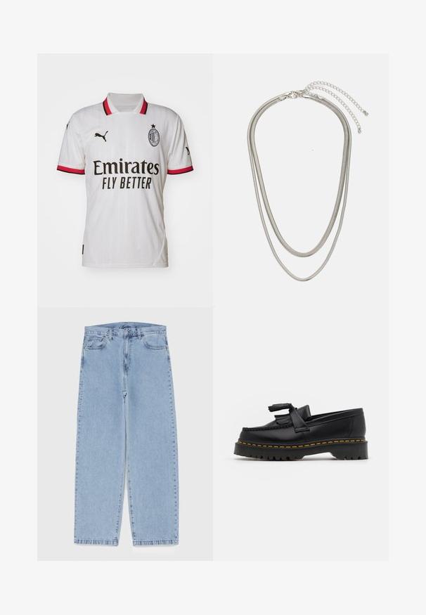Vit fotbollströja i syntetmaterial, med en krage i rött, svarta logodetaljer och vertikala ränder.; Ljusblå denimjeans med rak bendesign, midjehög midja, fem fickor samt knapp- och dragkedjestängning.; Svart läderloafer med en tofsdetalj, med en kraftig svart sula och gul söm längs kanten. Strukturerad yta.; Tre-lager silvermetallhalsband med eleganta, flexibla kedjor med en svag glans, säkrad med ett kräftklämma och justerbar kedja.