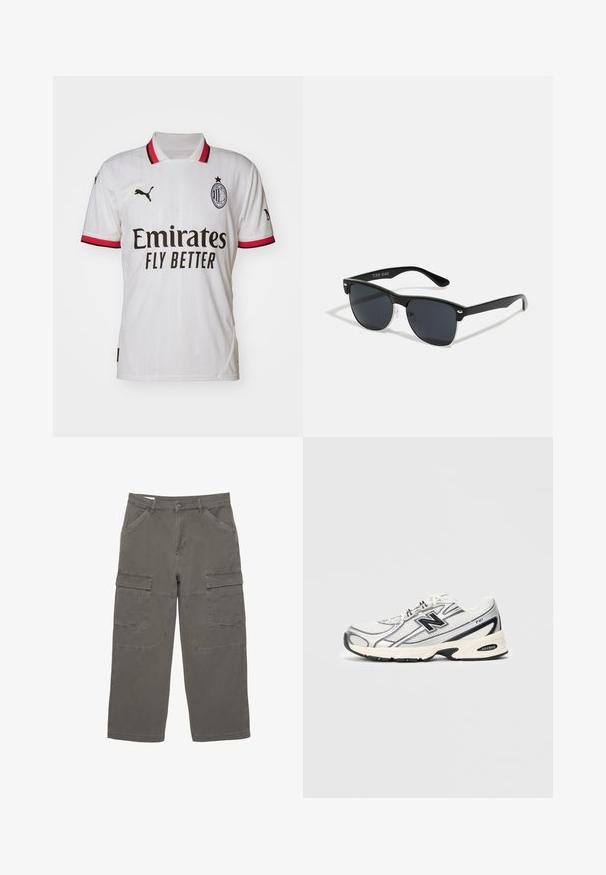 Bela nogometna majica iz sintetičnega materiala, z ovratnikom z rdečimi poudarki, črnimi logotipnimi detajli in vertikalnimi črtami.; Kargo hlače v zatemnjeni sivi barvi, iz bombažnega materiala, z dvema stranskima žepoma in dvema velikima sprednjima kargo žepoma, s pravim krojem nogavic.; Beli in sivi športni copat z črnim logotipom "N", mrežasto zgornjim delom, podplatom z oblazinjenjem in vezalnim dizajnom, prikazan na enobarvnem svetlo sivo ozadju.; Črne sončne naočare pravokotne oblike, temna leča, srebrni detajli na ušesih in mat površina na okvirju.