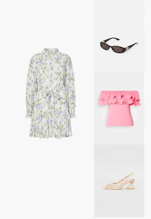 Ružový top s odhalenými ramenami s plisovaným volánom na výstrihu a priliehavým strihom. Hladká textúra s živou farbou a splývavým dizajnom.; Hofmann Copenhagen EXCLUSIVE GENEVIVE - Top - off white; Kvetinové šaty v bielej farbe s modrými a zelenými kvetmi, s golierom, zapínaním na gombíky vpredu, dlhými rukávmi so elastickými manžetami a opaskom na páse.; Béžová sandálová obuv na podpätku s perforovaným zvrškom, špicatou špičkou a kontrastným trojuholníkovým podpätkom s zlatým akcentom. Hladká textúra celkovo.; Slnkové okuliare v korytnačkovom dizajne s predĺženými oválnymi šošovkami, hnedým tónovaním, zlatými logovými akcentmi na spánkoch a elegantnými čiernymi ramenami.; Biela kvetinová taška s nariaseným textilným povrchom, zlatým reťazovým popruhom a kovovým zámkom. Obsahuje textúrované okvetné lístky pre väčší detail.