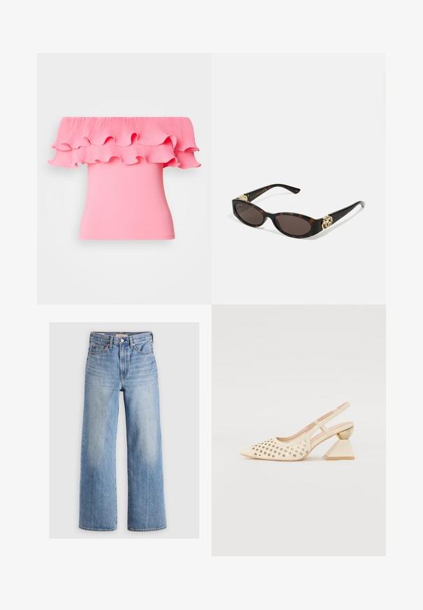 Rózsaszín, váll nélküli felső, redőzött fodros dekoltázzsal és testhez simuló fazonnal. Simaság jellemzi, élénk színnel és áramló dizájnnal.; Hofmann Copenhagen EXCLUSIVE GENEVIVE - Felső - off white; Világoskék farmer, széles szárú nadrág magas derékkal, kopott területekkel, öt zsebbel és kontrasztos varrással. Klasszikus gombos és cipzáras záródás.; Beige szandál, perforált felsőrésszel, hegyes orral és kontrasztos háromszögletű sarokkal, amely arany díszítést tartalmaz. Az egész cipő sima anyagú.; Tortából készült napszemüveg, hosszúkás ovális lencsékkel, barna színű árnyalattal, arany logóval a fülkagylón, és karcsú fekete szárakkal.; Fehér virágmintás kézitáska gyűrt szövet felülettel, aranyszínű lánccal és fémetaljzattal. Textúrázott szirmokkal készült a részletesebb megjelenés érdekében.