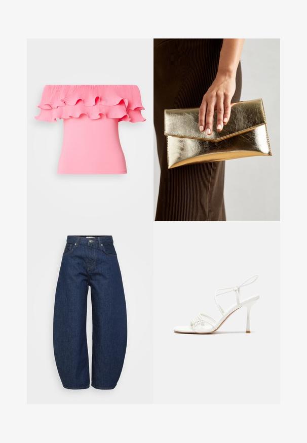 Roosa õlast avatud topp, millel on volditud volangiga kaelus ja keha ligi liibuv lõige. Sile tekstuur, elav värv ja voolujooneline disain.; Kõrge vöökohaga tumesinised denim püksid laia säärega, esine nupuga ja tõmblukuga sulgemine ning klassikaline viie tasku disain.; Valge rihmadega kõrge kontsaga sandaal, millel on lamedad varbatoed, tekstuuriga esiosa kogutud detailidega ja kitsas pahkluu rihm.; Kuldne metallist käekott, millel on sile tekstuur ja kolmnurkne klapp. Kotti hoidev käsi on hoolikalt maniküüritud küüntega.; Hõbedane rõngas kõrvarõngas poleeritud viimistlusega, millel on väikesed kuldsed aktsendid ja ümmargune kuju, kantud lobus.