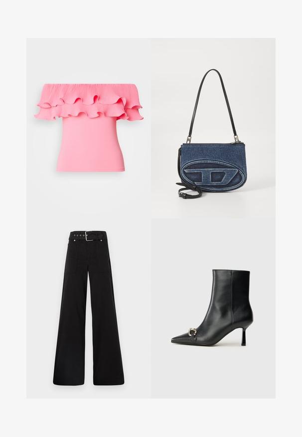 Rosa off-shoulder topp med plisserad volangkrage och figurnära kropp. Mjuk textur med en livlig färg och följande design.; Svarta vida byxor i bomull med hög midja, stora sidofickor och bälte med silverdetaljer.; Svart läderankelboot med spetsig tå, smal medelhög klack och silverfärgad spänndetalj på sidan mot en enfärgad bakgrund.; Denimbag med korsband och svart läderrem, oval logodesign på framsidan och dragkedjestängning på toppen. Texturerad yta.