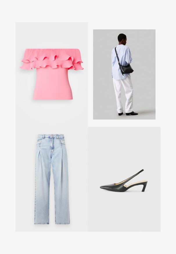 Roosa õlast avatud topp, millel on volditud volangiga kaelus ja keha ligi liibuv lõige. Sile tekstuur, elav värv ja voolujooneline disain.; Heledad sinise denimist valmistatud teksapüksid kõrge vöökohaga, laia jala lõikega, kahe külje taskuga ja pleedi disainiga. Pehme tekstuur ja pleekinud viimistlus.; Must mustaga, terav varvas, madala kontsaga sildiga king, mis on valmistatud siledast nahast ja mille küljel on lõike disain hingavuse tagamiseks.; Must have mustras alasi nahkpatsi, pehme tekstuuriga, kolmnurkse kujuga ja reguleeritava rihmaga, koos helesinise triibulise särgi ja valgete pükstega.