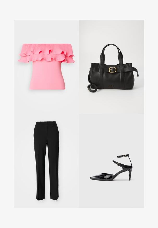 Lyserød off-the-shoulder top med plisseret flæsehalset og tætsiddende pasform. Glat tekstur med en livlig farve og svajende design.; Sorte skræddersyede bukser med lige ben-design, der har en glat tekstur og skarpe folder langs fronten. Ingen synlige hardware.; Sorte laklæderhæle med spids tå, justerbare ankelstropper og en slank hæl. Glat tekstur med en skinnende finish.; Sort læderhåndtaske med et struktureret design, dobbelte toppegreb, guldtonet spændeaccents og præget logo på forsiden.