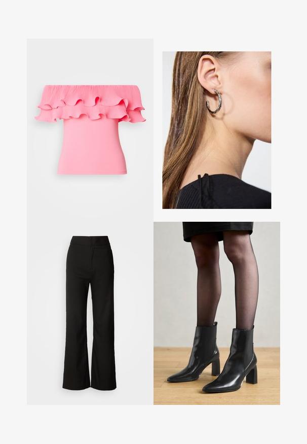 Ružový top s odhalenými ramenami s plisovaným volánom na výstrihu a priliehavým strihom. Hladká textúra s živou farbou a splývavým dizajnom.; Čierne široké nohavice s hladkou textúrou, vysokým pásom a jednoduchým dizajnom. Žiadne viditeľné vrecká ani ozdoby.; Čierne kožené členkové topánky s špicatou špičkou, robustný štvorcový opätok a elegantný dizajn. Obsahujú elastické bočné panely pre jednoduché obúvanie.; Strieborná kruhová náušnica s lesklým povrchom, obsahujúca malé zlaté akcenty a okrúhly tvar, nosená na lalôčiku ucha.