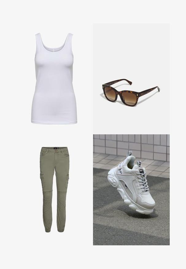 Witte tanktop, gemaakt van zachte stof, heeft een ronde halslijn, een slim fit en geen zichtbare patronen of accenten.; Olijf groene cargobroek van een duurzame katoenmix met taps toelopende boorden, meerdere zakken en knievouwen voor extra bewegingsvrijheid.; Witte sneaker van mesh en leer, met een ronde neus, dikke zool, opvallende veters en merklogo op de hak en tong.; Schildpad vierkante zonnebril met verloopbruine lenzen, voorzien van gouden accenten op de veren en een dikke, glanzende brilrand.