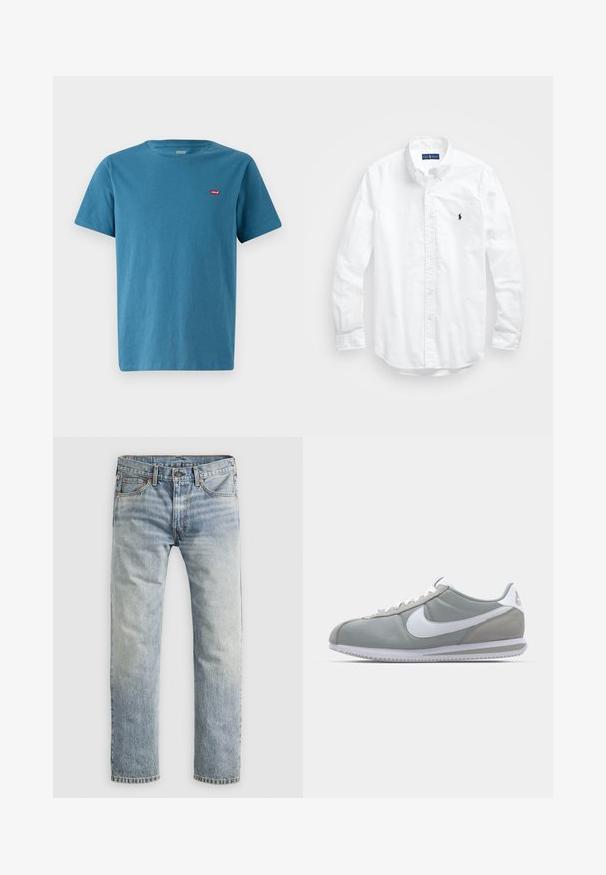 Kratka modra bombažna majica s kratkimi rokavi in okroglim izrezom ter majhnim rdečim logotipom Levi's na levem prsnem delu. Gladka tekstura, klasičen kroj.; Bela dolg rokav srajca s gumbi iz bombaža. Ima klasičen ovratnik, gumbnice na zapestjih in majhen temno moder vezen logotip na prsih.; Svijetloplave ravne traperice sa dugmetom, prednjim džepovima i petljama za pojas, prikazane ravno na bijeloj pozadini.; Sive tenisice za šport z zgornjim delom iz semiša in tekstila, belim Nike swooshom in belimi vezalkami. Imajo strukturirano gumijasto podplat in oblazinjen ovratnik.