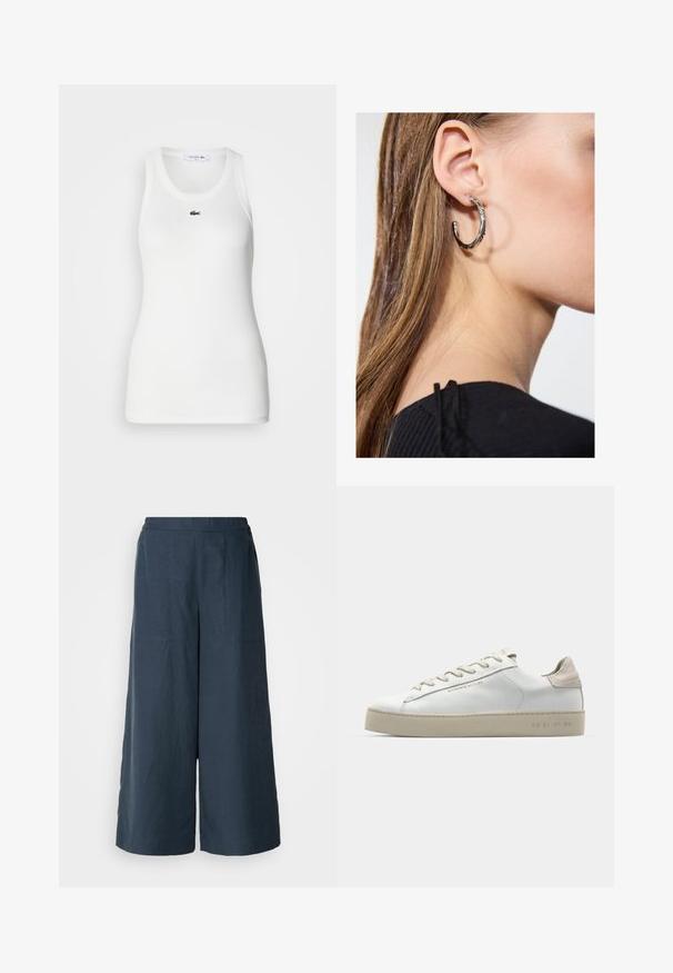 Witte mouwloze tanktop met een ronde hals en geribbelde textuur. Heeft een klein groen Lacoste krokodillogo op de borst.; Wijd-uitlopende broek in marineblauw, gemaakt van lichtgewicht stof. Heeft een licht getextureerd oppervlak, een elastische tailleband en voornaadse stiksels.; Witte leren sneaker met een glanzende afwerking, beige suède accenten, ronde neus, platte vetersluiting en een getextureerde rubberen zool.; Zilveren oorbel met een gepolijste afwerking, met kleine gouden accentdetails en een ronde vorm, gedragen op de oorlel.