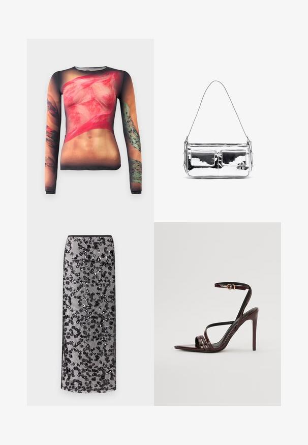 Long-sleeve top featuring a photographic print of skin and fabric textures in red and green tones, with tattoo designs on the arms.; Long black skirt with sheer overlay adorned with scattered black sequined floral patterns, against a neutral background.; Burgundy patent leather high-heeled sandal with an ankle strap, pointed toe, and three horizontal straps across the foot. Gold-tone buckle detail.; Silver metallic shoulder bag with two front pockets, smooth texture, stitch detailing, and a single detachable strap. Compact rectangular shape.