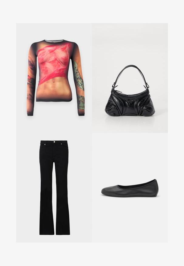 Hosszú ujjú felső, amely bőrfelületek és szövettextúrák fényképes nyomtatását tartalmazza piros és zöld árnyalatokban, tetoválás mintákkal a karokon.; Fekete, bővülő szárú farmernadrág, két elülső zsebből áll, gombos záródással és sima textúrával rendelkezik. A varrásoknál látható a jellegzetes öltés.; Fekete bőr balettcipő lekerekített orral, sima tekstúrával, minimális varrással és rugalmas talp kialakítással.; Fekete, textúrált bőrből készült kézitáska, kerekded formával. Vékony vállpánttal és díszes embosszas mintákkal rendelkezik.