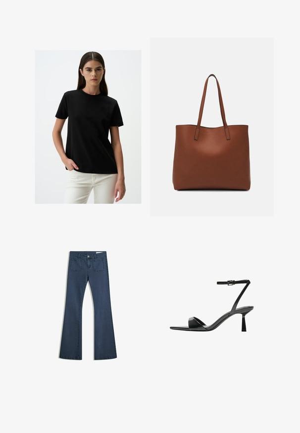 Schwarzes Kurzarm-T-Shirt aus glattem Stoff, mit Rundhalsausschnitt und legerem Schnitt, kombiniert mit weißen Hosen. Einfaches und vielseitiges Design.; Dunkelblaue, ausgestellte Jeans aus Denim mit genähten Taschen, einem Knopfverschluss und einer glatten Textur. Mit einem klassischen Fünf-Taschen-Design.; Bershka High Heel Sandalette - black; Braune Leder-Tote mit glatter Textur, offenem Oberteil und zwei Schulterriemen. Verfügt über minimale Nähte und keine sichtbaren Beschläge.