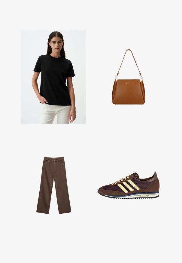 T-shirt nera a maniche corte realizzata in tessuto morbido, con scollo rotondo e vestibilità rilassata, abbinata a pantaloni bianchi. Design semplice e versatile.; Jeans a gamba larga marroni in denim, con vita alta, tasche anteriori e chiusura a bottone classica. Tessuto liscio con cuciture sottili.; Sneaker marrone e bordeaux realizzato in materiali scamosciati e in rete, caratterizzato da tre strisce color crema, tessuto testurizzato sulla linguetta e suola in gomma.; Borsa a tracolla in pelle marrone con superficie texturizzata, una singola tracolla e un logo sottile sul davanti. Presenta un design strutturato.