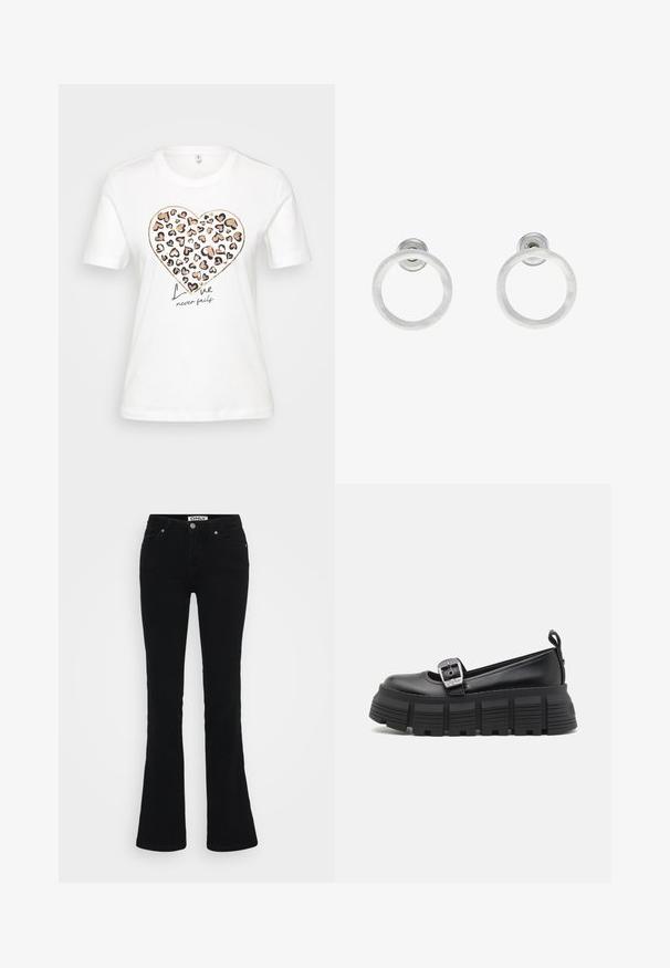 Balta medvilnė marškinėliai su širdies grafika, kuri turi leopardų raštą rožinės, oranžinės ir juodos spalvų, ir tekstu „Meilė niekada nepavyksta“ po ja.; Juodos flared džinsai, pagaminti iš džinsinio audinio, turintys klasikinį penkių kišenių dizainą, sidabrinius aksesuarus ir mygtuko uždarymą juosmens srityje.; Juodi platforminiai loafersai su apvalia nosimi, lygiu oda viršumi, reguliuojamu sagtimi ir tekstūruotu guminiu padu, turinčiu horizontalias briaunas.; Sidabriniai metaliniai auskarai žiedų pavidalu su šveitimo tekstūra, turintys apvalų dizainą ir skaidrų laikiklį saugiam dėvėjimui.