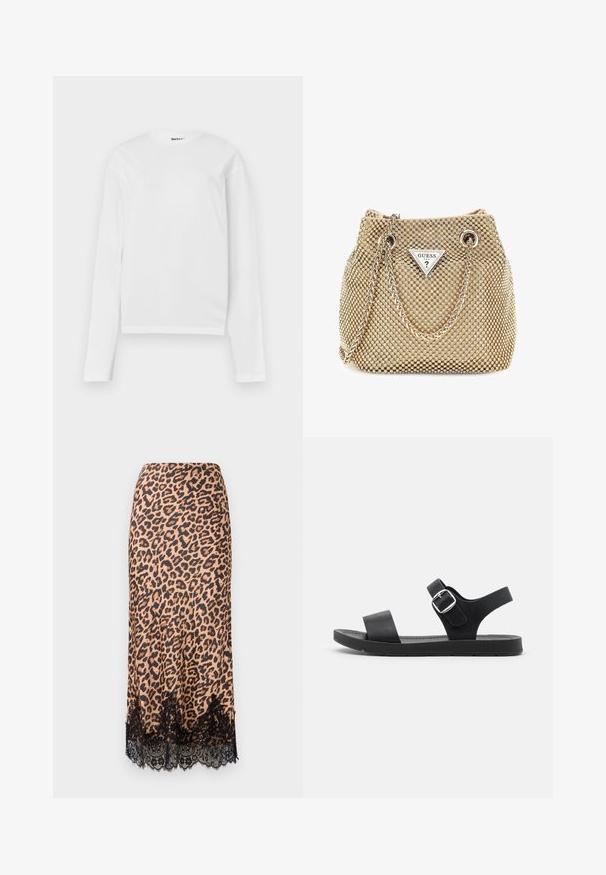 T-shirt bianco a maniche lunghe realizzato in cotone, con scollatura rotonda e vestibilità cropped. Design semplice senza motivi o accenti.; Gonna midi in stampa leopardata realizzata in tessuto morbido, con orlo in pizzo nero, silhouette a trapezio e vita aderente.; Sandalo nero con suola piatta, fibbia regolabile, due fasce larghe e texture liscia, progettato per il comfort e la facilità di utilizzo.; La borsa a tracolla dorata presenta un tessuto testurizzato con borchie metalliche rotonde, una placca con logo triangolare e una tracolla a catena con occhielli metallici rotondi.