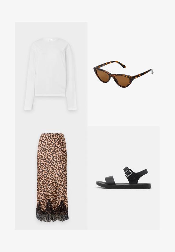 Hvit langermet t-skjorte laget av bomull, med rund hals og kort passform. Enkel design uten mønstre eller aksenter.; Midiskjørt med leopardmønster laget av glatt stoff, med svart blondekant, A-linje silhuett og en tettsittende midje.; Sorte svart sandal med flat såle, justerbar spenne, to brede stropper og glatt tekstur, designet for komfort og enkel bruk.; Kattøye solbriller med en svart og oransje skjellramme, brune linser og elegante, spisse tupper. Har en minimalistisk logo på stangen.