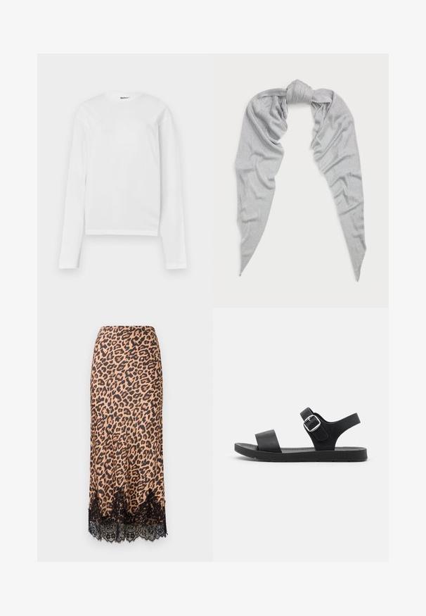 Valkoinen pitkähihainen t-paita, joka on valmistettu puuvillasta. Siinä on pyöreä pääntie ja lyhyt malli. Pelkkä muotoilu ilman kuvioita tai koristeita.; Midi-hame leopardo, valmistettu sileästä kankaasta, jossa on musta pitsireunus, A-linjainen malli ja istuva vyötärö.; Mustat sandaalit, joissa on litteä pohja, säädettävä solki, kaksi leveää remmiä ja sileä pinta, suunniteltu mukavuutta ja helppokäyttöisyyttä varten.; Hopeinen huivi, joka on valmistettu pehmeästä, teksturoidusta kankaasta. Siinä on solmittu keskikohta ja pitkät, hupenevat päät, joissa on hienovarainen hohde.