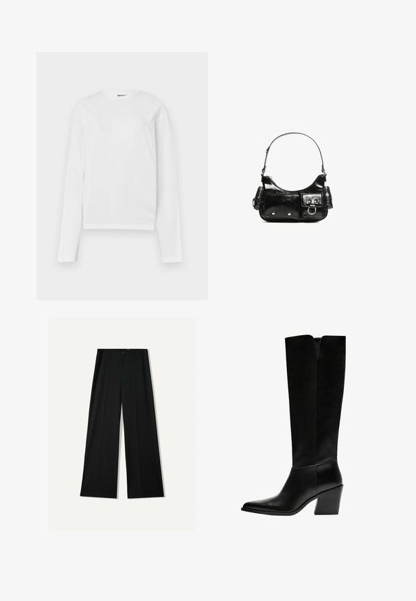 Witte lange mouw t-shirt van katoen, met een ronde halslijn en een cropped fit. Eenvoudig ontwerp zonder patronen of accenten.; Bershka WIDE - Broek - black; Zwarte laarzen tot de knie van soepel leer, met een puntige neus, een blokhak en een V-vormige uitsparing aan de bovenkant.; Zwarte laarzen in lakleer met een gebogen vorm, één schouderband, voorvakken en accenten in zilverkleurig metaal.