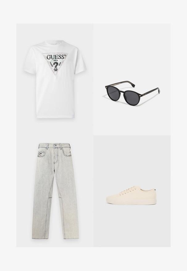 T-shirt en coton blanc avec un logo triangulaire noir et coloré, accompagné de texte. Manches courtes et encolure ronde, texture lisse.; Jean en denim bleu clair coupe droite, avec des coutures contrastées, deux poches avant et des détails usés sur le tissu.; Baskets en toile beige avec bout arrondi, semelle en caoutchouc plate et lacets à l'avant. Présente un design minimaliste et un accent noir contrastant au niveau du talon.; BOSS Lunettes de soleil - black