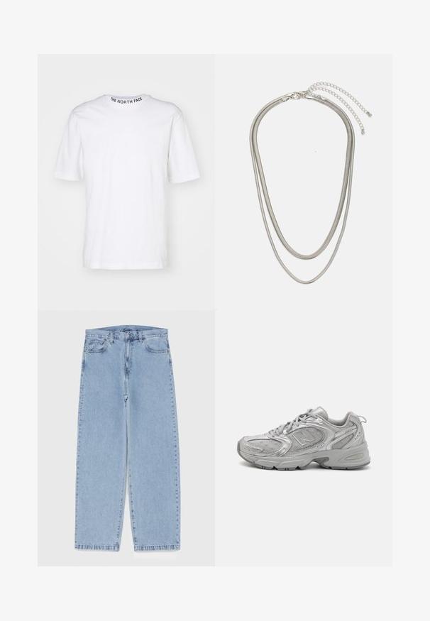 Hvit bomulls t-skjorte med korte ermer og rund hals. Har svart "THE NORTH FACE"-tekst brodert på baksiden av halsen.; Lyseblå denimjeans med rett ben-design, med mid-rise liv, fem lommer og knap og lynlås lukning.; Sølv idrettssko med et strømlinjeformet design, mesh-paneler, polstret tunge, strukturert syntetisk overdel og gummisåle for godt grep.; Tre-lags sølvmetallkjede med elegante, fleksible kjeder med en svak glans, sikret med en krabbe-lås og justerbar kjede.