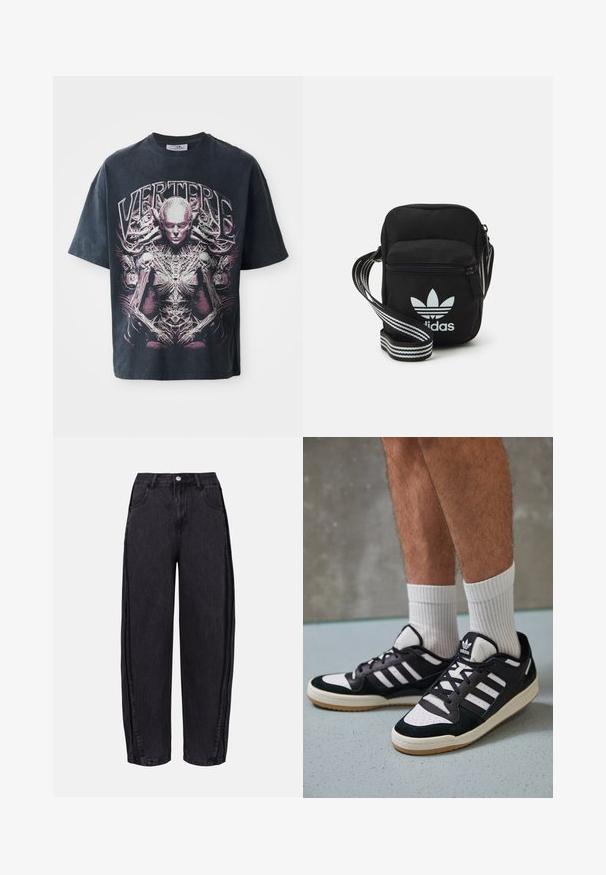 Melnas grafiskās t-krekls, kas izgatavots no kokvilnas, ar lielu rozā un balto dizainu, attēlojošu humanoīdu figūru ar sarežģītām detaļām un tekstu "VERTERE."; Melni platās kājas džinsi, izgatavoti no gluda denima. Iespējas ietver augstu jostasvietu, priekšējās kabatas un pogu aizdari jostasvietā.; Melnas un baltas kedas ar zamša un ādas augšdaļu, kas aprīkotas ar trim baltām svītrām, perforētu purngali un gumijas zolēm.; Melna auduma crossbody soma ar rāvējslēdzēja aizdari, kurai ir balts Adidas logo un svītrainas regulējamas siksnas ērtiem pārvietošanās veidiem.