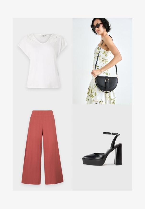 White short-sleeve t-shirt with a v-neckline and lace detailing on shoulders, made from lightweight fabric, featuring a loose fit.; Wide-leg trousers in a rust color, made from textured fabric with vertical ribbing. Features a high, elastic waistband.; Black platform heels with a pointed toe and adjustable ankle strap. Constructed from smooth leather, featuring a chunky block heel.; Black leather handbag with a curved shape, detachable strap, and gold hardware. The bag features a flap with a buckle detail.