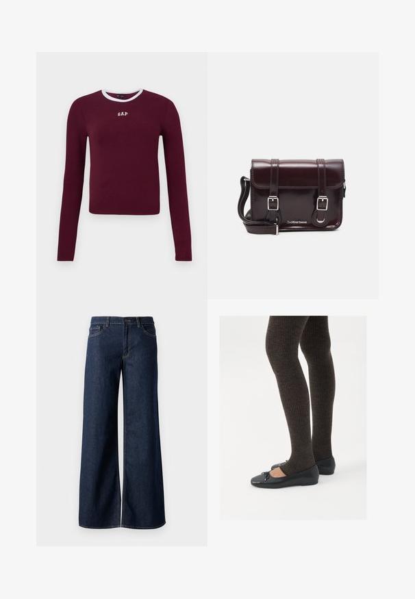 Top a maniche lunghe ribbed in color bordeaux con un bordo bianco al collo a giro e il logo ricamato "GAP" sul petto. Presenta un design aderente.; Jeans a gamba larga in denim blu scuro. Presentano cuciture a contrasto, cinque tasche e una chiusura con bottone in vita. Texture morbida.; Scarpe nere a flat con un piccolo fiocco sulla punta, abbinate a collant a coste marrone scuro. Le scarpe hanno una texture liscia e un profilo basso.; Borsa a tracolla in pelle verniciata bordeaux con forma rettangolare, due manici, accessori in argento e chiusura a patta.