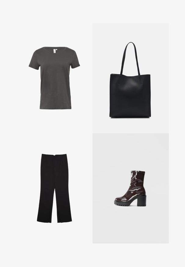 Szara krótka koszulka z krótkim rękawem, wykonana z miękkiej bawełny. Posiada okrągły dekolt i podwinięte rękawy, a także małe logo blisko końca.; Czarne spodnie o prostym kroju, z przednimi kieszeniami i bocznymi rozcięciami na dole. Wykonane z miękkiego, gładkiego materiału. Odpowiednie na różne okazje.; Błyszczące bordowe botki za kostkę z masywną czarną obcasem, charakteryzujące się gładką teksturą i prostym wzornictwem. Brak widocznych zapięć lub wzorów.; Czarna skórzana torba tote o gładkiej fakturze, prostokątnym kształcie i dwóch długich uchwytach. Brak widocznych elementów metalowych i ozdób.