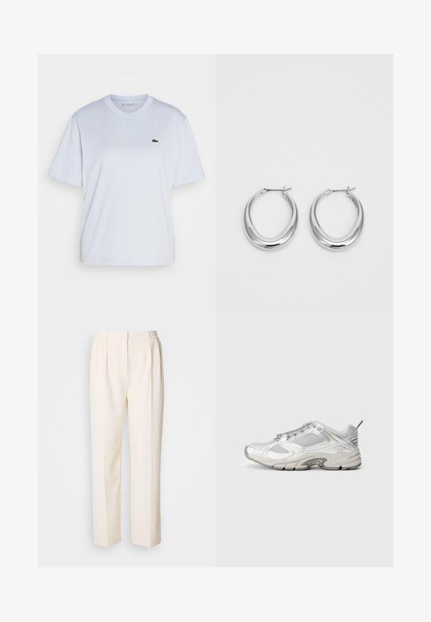 Lacoste Navadna majica - phoenix blue; Lacoste Hlače - lapland; Tekaške čevlje iz belega mrežastega materiala z kovinskimi akcenti, teksturiranimi prekrivalnimi plastmi in debelim podplatom. Imajo sprednji sistem vezalk in zadnji trak za vlečenje.; Par srebrne polirane obroče v obliki lune z zankami na belem ozadju.