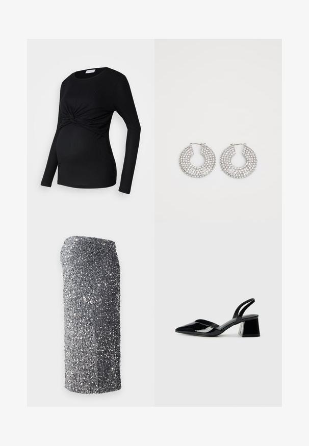 MAMALICIOUS MLANLI JUNE - Topper langermet - black; Sølv paljettkjole med en tettsittende fasong, glatt tekstur og et gradientmønster fra mørk til lys grå, kort ved kanten.; Svarte patentlær slingback hæler med spiss tå og geometrisk blokk hæl. Har et stilrent, minimalistisk design og jevn tekstur.; Sølv hoop øredobber prydet med flere klare krystallpynt, med en teksturert overflate og et åpent sirkulært design.