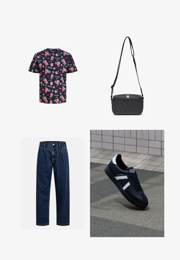 Tricou cu mânecă scurtă de culoare bleumarin, decorat cu imprimeuri tematice de Crăciun în nuanțe de roșu și alb, inclusiv Moș Crăciun, cadouri și text festiv în diferite modele.; Jeans din denim albastru închis cu un design drept. Prezintă cusături vizibile, închidere cu buton și pliuri frontale pentru un detaliu suplimentar.; Sneaker din piele neagră cu dungi albe, talpă din cauciuc texturat și șireturi. Prezintă un eticheta de marcă pe limbă.; Geantă din piele neagră, tip crossbody, cu închidere cu fermoar, logo embosat pe față și curea ajustabilă. Textură netedă și formă rectangulară.
