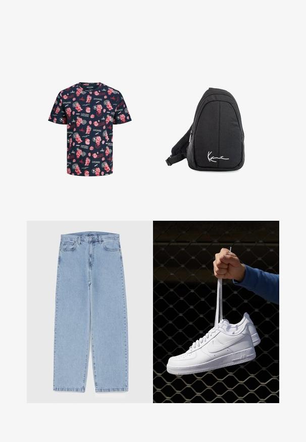 Īsām piedurknēm tumši zils T-krekls ar sarkaniem un baltiem Ziemassvētku motīviem, tostarp Ziemassvētku vecīša, dāvanām un svētku tekstiem dažādos dizainos.; Gai zila džinsu bikses ar taisnu kāju dizainu, kas piedāvā vidēju vidukļa augstumu, piecas kabatas un pogas un rāvējslēdzēja aizdari.; Baltas ādas sporta apavi ar perforācijām, apaļu purngali, plakanu zoli un biezām šņorēm, ar redzamu swoosh logo un vārdu "AIR" uz papēža.; Melnas auduma siksnu mugursoma ar gludu tekstūru, ar izliekta dizaina, ar rāvējslēdzēju, un uz priekšu ir balts logo.