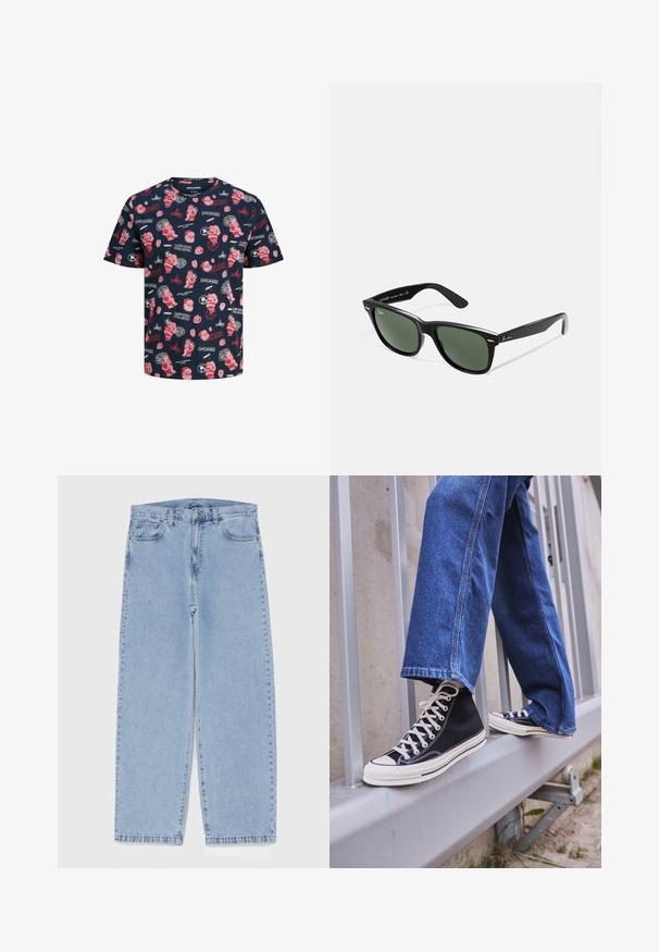 Korte mouwen marineblauwe t-shirt met rode en witte kerstthema prints, waaronder Sinterklaas, cadeaus en feestelijke teksten in verschillende ontwerpen.; Lichtblauwe denim jeans met een recht model, voorzien van een middelhoge taille, vijf zakken en een knoop- en ritssluiting.; Zwarte hoge sneakers met witte zool en veters, gecombineerd met losse blauwe denim jeans, rustend op een grijze leuning.; Zwarte plastic zonnebril met groene lenzen, vierkante montuur, zilveren accent op de wenkbrauw en een gestructureerde tempel. Merken vermeld op de binnenkant van de arm.