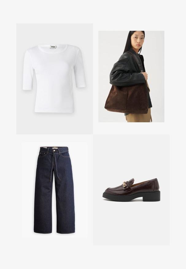 Bela rebrasta majica s krojem okruglog izreza i rukavima do laktova. Izrađena od mekog materijala s glatkom teksturom. Oznaka vidljiva na izrezu.; Široke temno modre kavbojke z visokim pasom, ki imajo vrvico za zavezovanje, pet žepov in kontrastne šive.; Rjavi usnjeni loafer z zlatim okrasnim zaponko, črn blokast peto in gladko teksturo. Bočni pogled prikazuje zaobljen toe in šivano detajliranje.; Rjava semiš torba oblikovana širše in z mehkimi površinami, opremljena z enim ročajem in minimalnim okrasjem na nevtralnem ozadju.